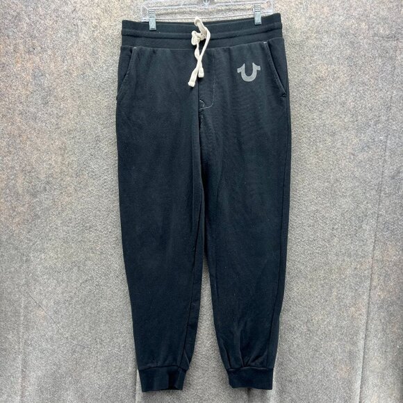 True Religion Jogger Men Medium Black Classic Logo Cotton Fleece Sweatpants - Picture 1 of 11
